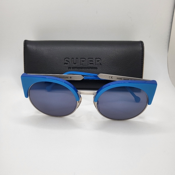 RetroSuperFuture Accessories - RetroSuperFuture Round Lens Cateye Blue Accent Silver Metal Frame Sunglasess